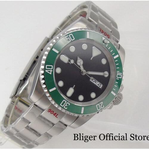 BLIGER Diver Japan Black NH36A Selfwinding Men Watch Green Luminous Marks Brushed Oyster Glide Lock Bracelet Light Green Insert