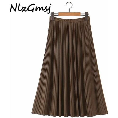 Nlzgmsj Za Women 2021 New Fashion Elegant Solid Pleated Women High Waisted Midi Dress Sexy Long Skirts Women 202106
