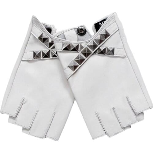 Womens Gloves Palm PU Leather Gloves Punk Rivet Semi-Finger Gloves Costume Jazz Fingerless Gloves