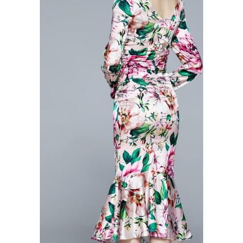 Womens spring autumn long sleece flower print slim satin dress female runway fashion high waist fishtail dress TB943