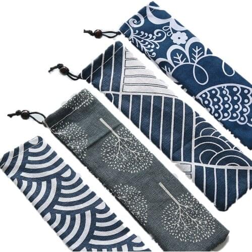 Portable Cutlery Bag Cloth Linen Tableware Knife Forks Spoon Container Fish Striped Print Japan Style Dinnerware Bag For Travel