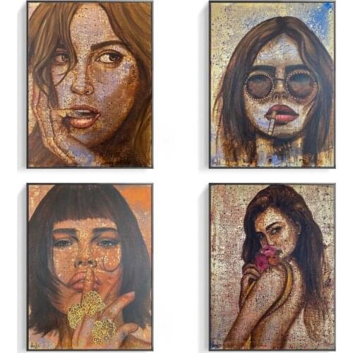 Abstract Girl Portrait Original Canvas Painting Posters Gold Leaves Background Wall Art Picture for Living Room Home Decoration