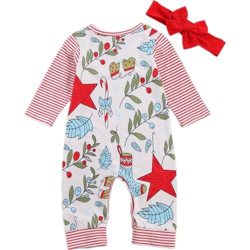 Christmas Baby Boy Girls Striped Romper Newborn Reindeer Bodysuit One Piece Jumpsuit Floral Outfit with Headband