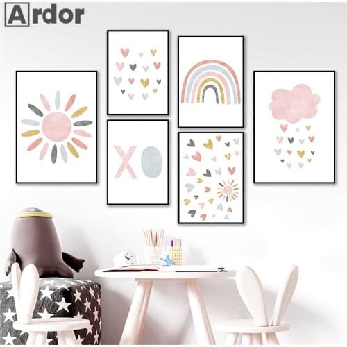 Pink Heart Cloud Canvas Art Poster Sun Rainbow Print Painting Nursery Wall Art Posters Nordic Wall Pictures Baby Kids Room Decor