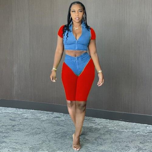 Sexy Two Piece Set Women Color Block Short Sleeve Crop Top+zipper Knee Length Short Matching Set Casual Bodycon 2 Piece Outfits