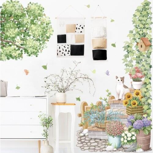 Removable Wallpaper Cat Green Plant Potted Leaves Wall Stickers Living Room Porch Bedroom Wall Decoration Home Decor Modern