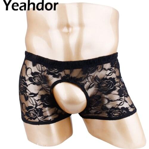 Sexy Men Sissy See Through Strechy Boxer Briefs LIngerie Sheer Lace Open Butt Crotchless Shorts Gay Erotic Hollow Out Underwear