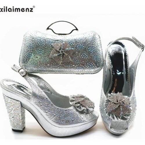 Silve Color 12cm Heels Pumps Italian Sandals with Matching Bag Italian Design African Nigeria Shoes and Bag Set for Parties
