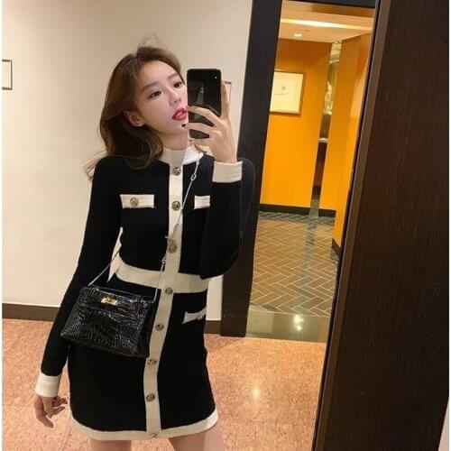 Knitted One-piece Dress Korean Fashion Winter White Women Knit Bodycon Dress Elegant Long Sleeve Dress Knitwear For Women