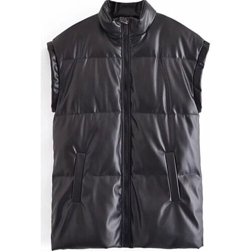 XNWMNZ 2021 autumn Stand Collar Black long Vests Women Fashion PU Coats Women Elegant Straight Simple Vests Female Ladies Vest