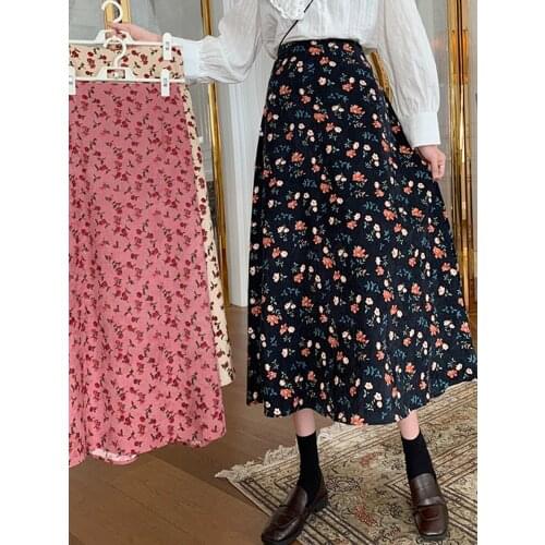 Corduroy floral a-line skirt women 2020 autumn and winter new mid-length long skirt