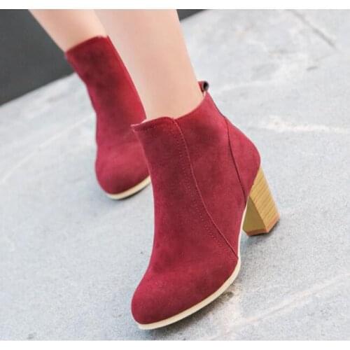 Fashion New autumn and winter short Wild simple suede boots with high heels women shoes black red wine ankle boots with thick scrub High-heeled bare boots