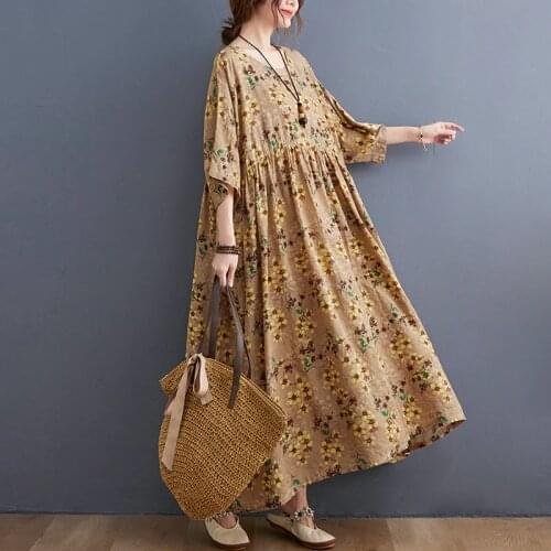 Print Floral Dress 2021 New Arrival Fashion Sundress Soft Cotton Linen Loose Summer Dress Women Travel Casual Beach Style Dress