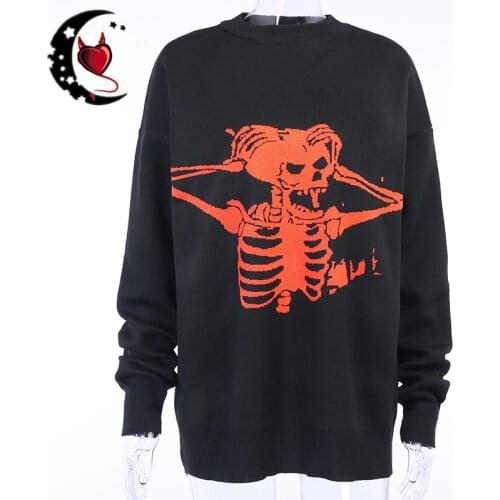 Harajuku Sweater Knitted Autumn Winter Women Gothic Punk Sweater Vintage Skull Pattern Oversized Loose Jumper Female Streetwear