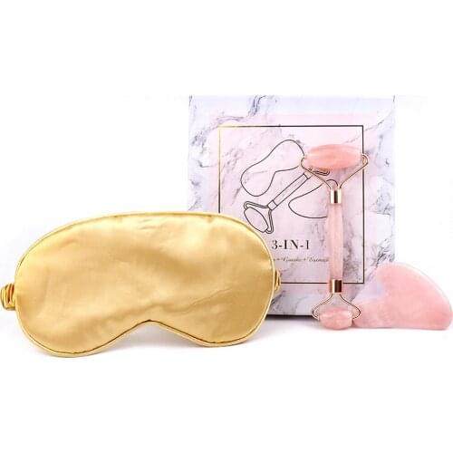 3 in 1Quartz Powder Crystal Jade Roller Massage Spa Natural Pink Handmade Gua Sha Stone Facial Beauty Device Face Skin Care T
