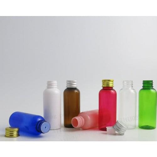 50 x 50ml Empty PET Dispensing Bottle With Aluminum Cap 50cc Cosmetic Cream Containers Amber Blue Green Red Pink White Clear