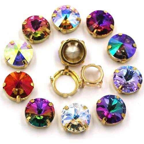 6mm/8mm/10mm/12mm/14mm Round Shape Glass Crystal Rivoli Gold Claw Rhinestones Sew On Applique/Dress/Clothing Accessories