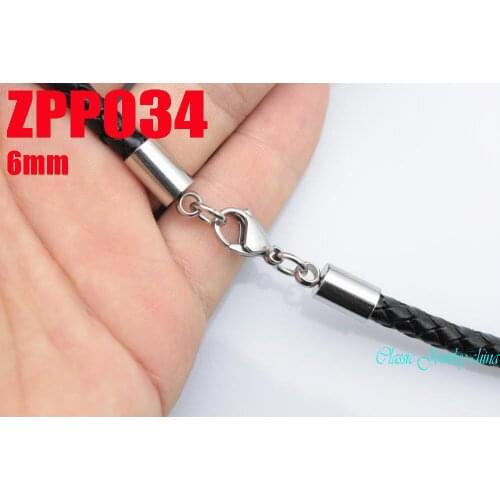 6mm black Real leather weaving necklace DIY stainless steel jewelry accessories 20pcs ZPP034