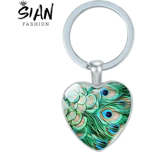 SIAN Boho Feather Glass Picture Keychain Beautiful Peacock Feather Printed Handmade Crystal Gem Pendant Key Chains Bag Trinkets