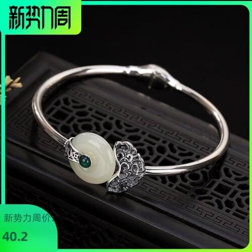 White jade retro Chinese court-style female high-grade craftsmanship exquisite 999 Thai silver bracelet