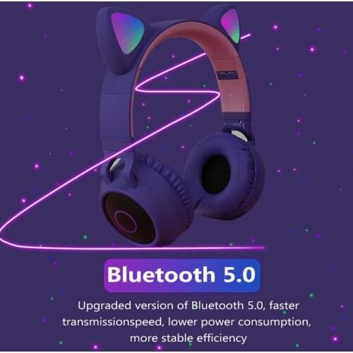 Cute Cat Bluetooth 5.0 Headset Wireless Hifi Music Stereo Bass Headphones LED Light Mobile Phones Girl Daughter Headset For PC