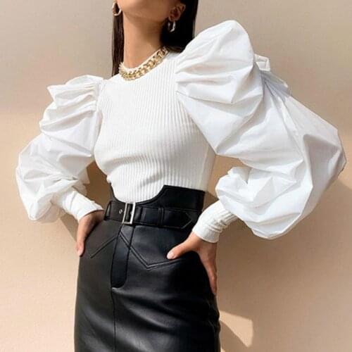 Fashion Autumn Womens Long Puff Sleeve Blouse Shirts Black White Solid Fashion Female Blouses and Tops Clothes