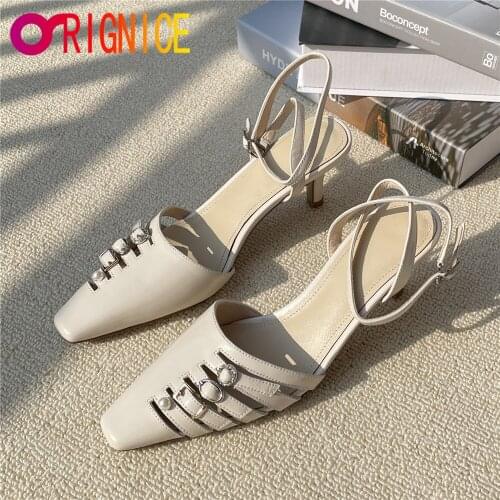 Orignice Women Slingback Thin High Heel Breathable Sandals Summer Rome Ankle Strap Closed Toe Fashion Dress Girls Shoes Beige