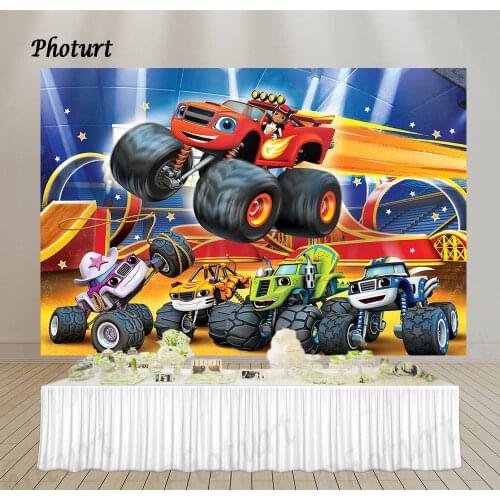 PHOTURT Blaze Monster Photography Backdrop Kids Birthday Background Red Racing Car Polyester Vinyl Photo Booth Props