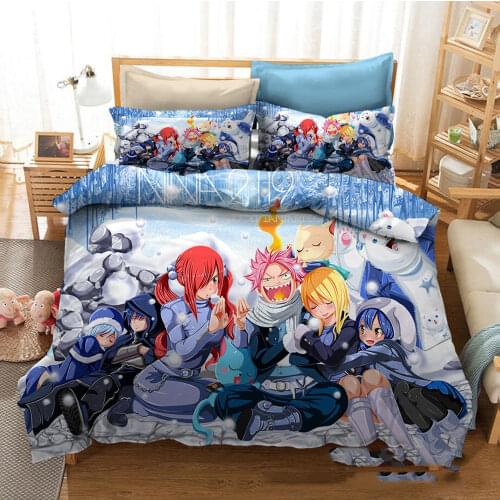 Anime Fairy Tail 2/3Piece Bedding Set with Zipper Duvet Cover and Pillowcase Unisex Cute Cartoon Bedroom Decorative