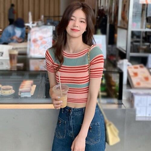 Summer Women Stripe Slim Tops Round Neck Short Sleeve Sweet Sexy Thin Knitted T-Shirt