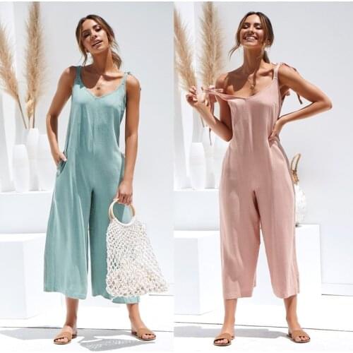 Summer New Women Rompers Casual Loose Linen Cotton Jumpsuit Sleeveless Backless Playsuit Trousers Strappy Jumpsuits Autumn