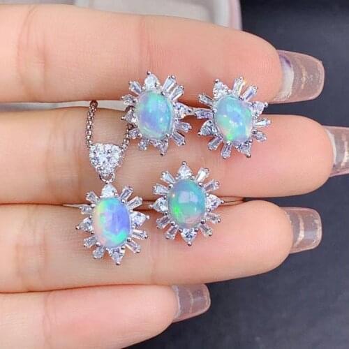 Fashion cute Sun flower 925 silver natural Multicolor opal pendant ring natural gemstone jewelry set woman party gift jewelry