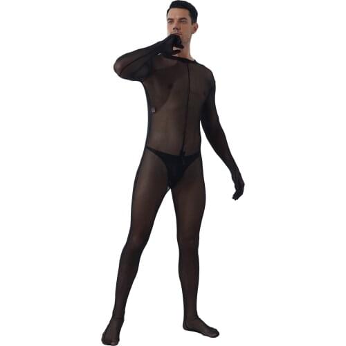 Mens Zipper Crotch Sheer Bodystocking See-through Mesh Bodycon Bodysuit Skinny Leotard Catsuit With Patent Leather Bulge Pouch