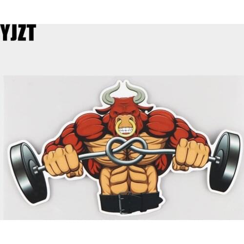 YJZT 19.9×11.5CM Weightlifting Bull Cartoon Window Decals Creative Scratch Occlusion Car Sticker 21A-0153