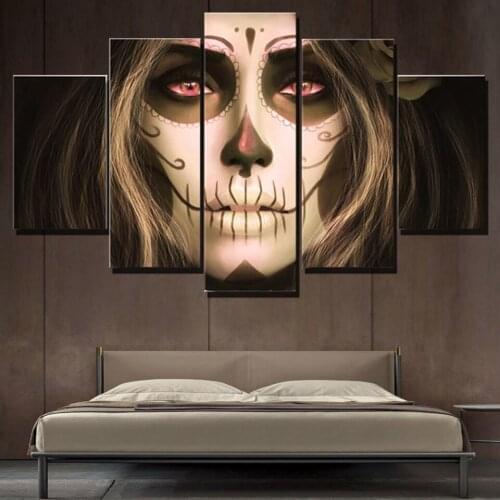 Living Room Wall Art Pictures HD Printed 5 Panel Skull Girl Red Eyes Modern Painting On Canvas Home Decoration Posters Frame