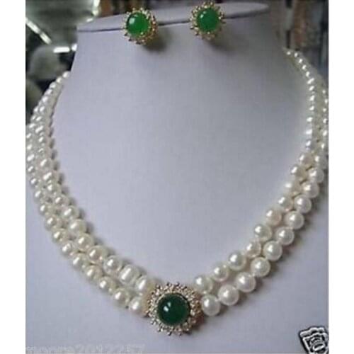 New hot Fashion new Jewellery set Genuine 8-9mm white Pearl green Jade necklace earring