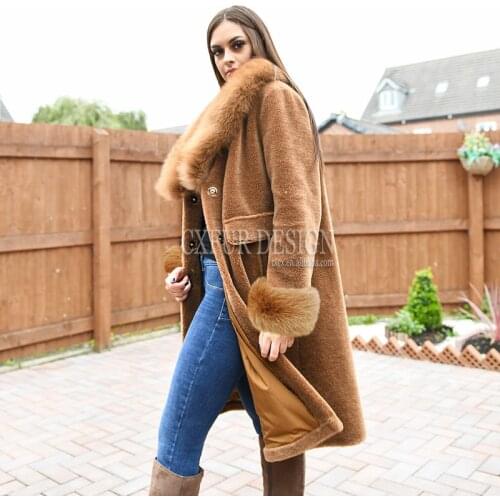 CX-G-T-27C 2020 Fashion Winter Real Lamb Fur Sheep Wool Coat Women With Fox Fur Collar Fur Cuff