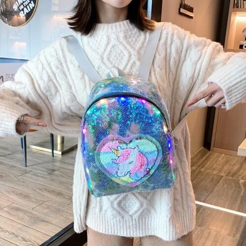 Girl Sequin Mermaid Backpack Children Large Zipper Unicorn Schoolbag with Led Lights Teenager Backpack For School Travel Bag