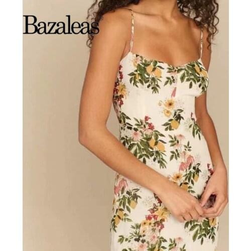 Bazaleas Chic Floral Print Spaghetti Straps Dress Retro Tank Dresses Sexy Vintage Tube Midi Vestidos
