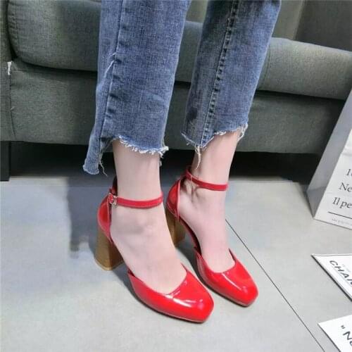 High heels platform pumps mujer 2020 spring new fashion buckle solid black shoes woman PU leather waterproof shoes femme U22-23