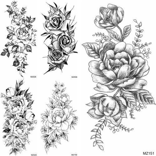 3D Flower Temporary Tattoos Sticker Fake Pencil Sketch Rose Tatoos DIY Waterproof Black Fashion Body Art Tatoo For Women Wedding