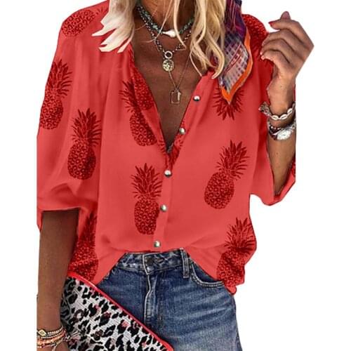 Plus Size Shirt Women Pineapple Striped Buttons V Neck female Beach Shirt printing 2020 Long Sleeve Blouse Shirts for women
