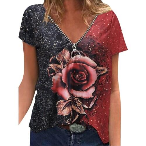 Rose Flower Print T Shirt Women Fashion V-neck Short Sleeve Zipper T-shirts Pullover Tops Camisetas Mujer Manga Corta T-shirts