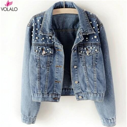 Plus Size Pearl Beading Short Denim Jackets 3Xl 5Xl Women White Wash Long Sleeve Vintage Casual Jean Jacket Bomber Denim Coat