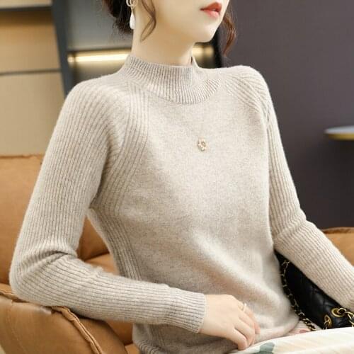 Half-high collar raglan pure wool bottoming shirt womens autumn and winter 2021 new style long-sleeved slim solid color knit sw