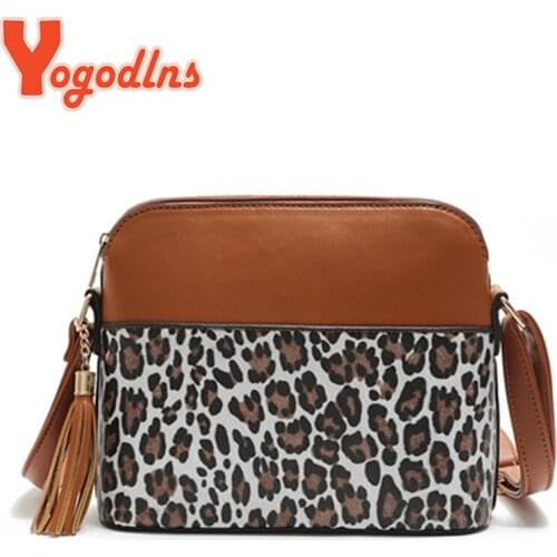 Yogodlns Fashion Leopard Print Crossbody Bag For Women Tassel Designer Shell PU Leather Shoulder Bag Ladies Messenger Purse Bags
