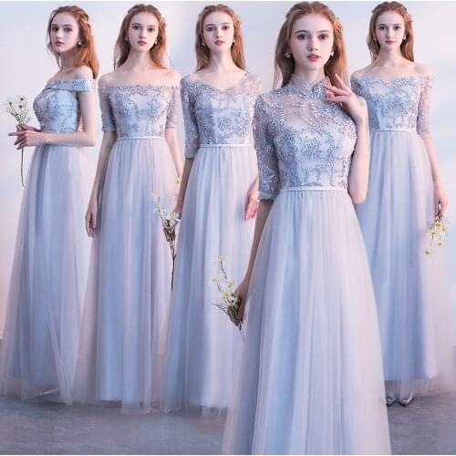Bridesmaids Dresses Blue Illusion Appliques Strapless Floor-Length Lace Tulle Off The Shoulder Wedding Party Gown For Women E097