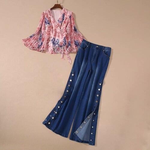 Newest HIGH QUALITY Fashion 2021 Runway set Womens V-Neck Flare Sleeve Lacing Belt Draped Print top Denim pants set