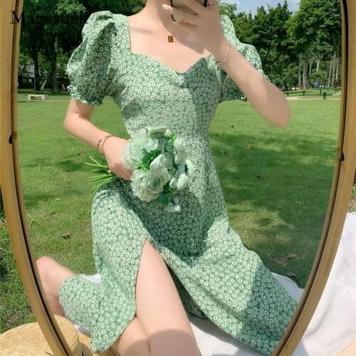 Elegant Print Floral Summer Dress Women French Square Collar Split Sexy Green Boho Dress Short Sleeve Party Dresses Robes 14548