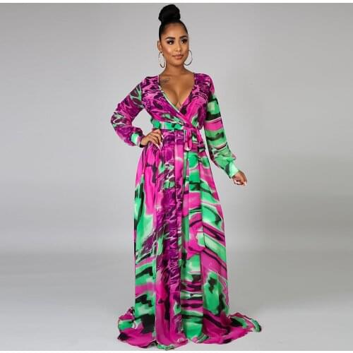 Womens Tie Dye Printed Plus Size Maxi Dresses Full Sleeve High Waist Floor Length Vestidos Autumn Deep V Neck Vacation Dress
